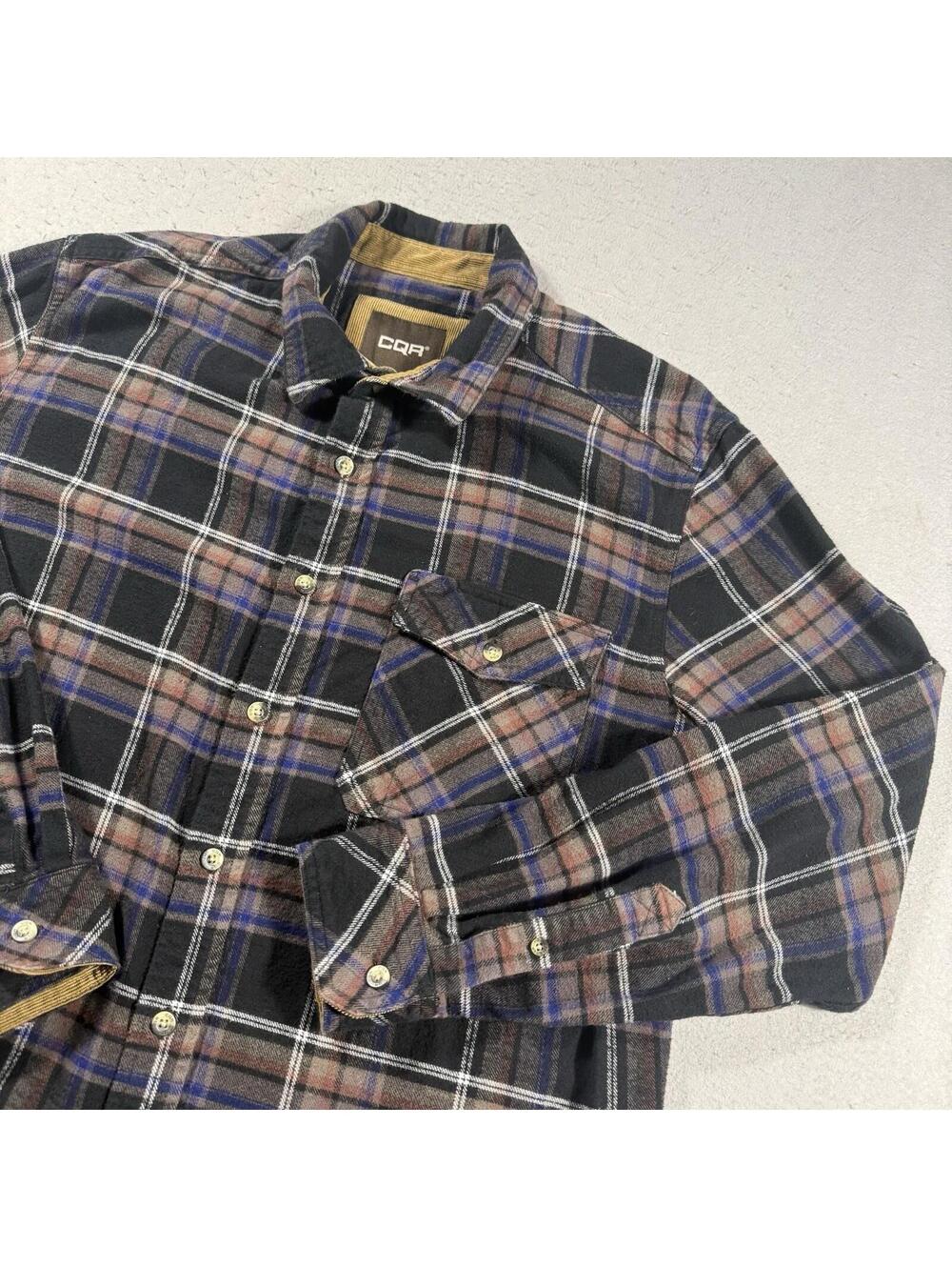 CQR Heavy Flannel Shirt Men’s‎ Large Plaid Button Up Black Brown Blue